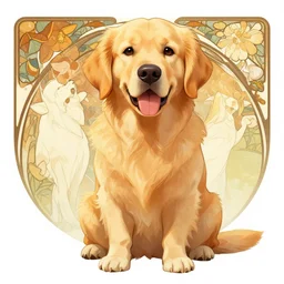 digital character concept art by artgerm and greg rutkowski and alphonse mucha. clear portrait of a golden retriever blessed by god to uncontrollably become overwhelmingly perfect!! blue collar, holy body!! light effect. hyper detailed, glowing lights!! intricate, elegant, digital painting, artstation, smooth, sharp focus