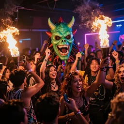 hell crowd monster party photography rave akira crisp hyperdatailed artistic colorful wide shot neon fire