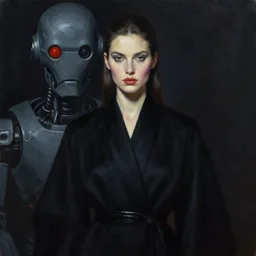 hyperrealism oil painting, portrait, fashion model, black robe, complete darkness, sci - fi robot face in background, in style of classicism mixed with 8 0 s sci - fi hyperrealism