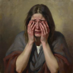woman i'm holy clothing crying with tears sobbing oil painting