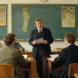 beefy attractive men as professor in classroom, painting by gaston bussiere, craig mullins, greg rutkowski, alphonse mucha