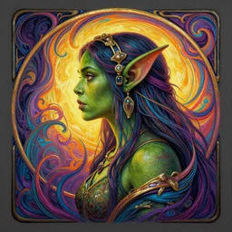 side profile centered painted portrait, female orc forest druid, small tusks, green skin, d & d, gloomhaven, matte painting concept art, art nouveau, beautifully backlit, swirly vibrant color lines, fantastically gaudy, aesthetic octane render, 8 k hd resolution, by ilya kuvshinov and cushart krentz and gilleard james