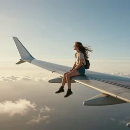 fantasy scene of a girl sitting on the wing of a flying airplane, side angle view, far shot, very windy, sunny morning light, 4 k, detailed photo, hyperrealism, hdr, volumetric lighting, cinematic composition