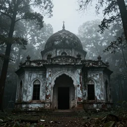 abandoned Islamic temple in the woods, dark, moody, foggy by Marc Simonetti