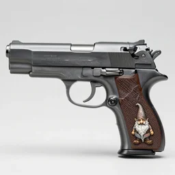 A pistol with an engraving of a tiny gnome on the barrel.