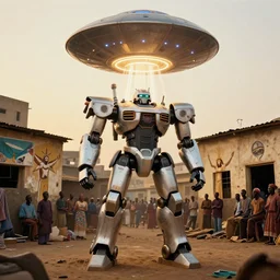 mecha ROBOT of AJEGUNLE SLUMS of Lagos with african JESUS CHRIST on walls, people smiling about AESTHETICS, large UFO with NEON ray of light, Golden Hour light, analogue photo
