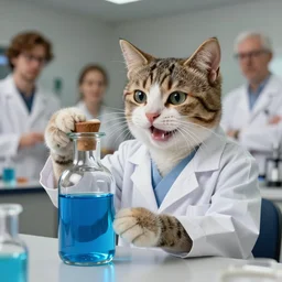 an happy cat dressed as a scientist examining a modern transparent little bottle filled with vivid blue iridescent liquid, art highly detailed, by frank frazetta, keith parkinson and greg rutkowski and aleksandra skiba, concept art,