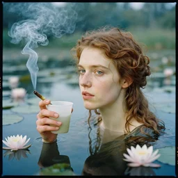 Kodak Portra 400, 8K, soft light, volumetric lighting, highly detailed, britt marling style 3/4 ,portrait photo of chief keef holding a cup of lean and a blunt, the face emerges from the water of a pond with water lilies, inspired by Ophelia paint , a beautiful scenery with highly detailed realistic weed smoke , Realistic, Refined, Highly Detailed, natural outdoor soft pastel lighting colors scheme, outdoor fine art photography, Hyper realistic, photo realistic
