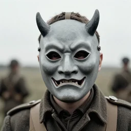 a man at wearing demon mask, distanced, ww1 film photo, grainy, high detail, high resolution