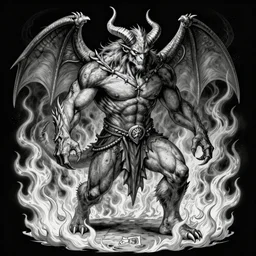 full body, grayscale, 3/4 view, muscled humanoid balrog demon, diablo, horns, claws, large horned tail, heroic pose, flames, fire, tarot, lineart, Gustave Dore, Greg Rutkowski,