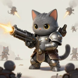 cute grey cat wearing armor armed with giant bolter gun shooting down enemies, intricate, elegant, highly detailed, centered, digital painting, artstation, concept art, smooth, sharp focus, illustration, art by artgerm, WLOP