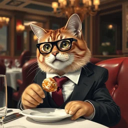 a cat wearing a suit eating at a fancy restaurant