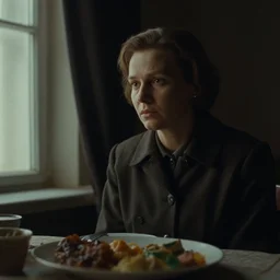 film still of soviet movie still a soviet woman sitting at a table next to the window with food, dark warm light, a character portrait by margarita terekhova, movie stalker solaris film still by andrei tarkovsky, 8 k, close - up bokeh, gelios lens, color, noir