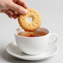 photo realistic biscuit dunking a human in a cup of tea