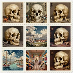 beautiful skulls, beautiful big postage stamp, polyptych, animal, architecture, battle, bijinga, calligraphy, capriccio, caricature, cityscape, cloudscape, design, digital, figurative, genre, graffiti, history, icon, illustration, installation, interior, jewelry, landscape, literary, manga, marina, miniature, mural, mythological
