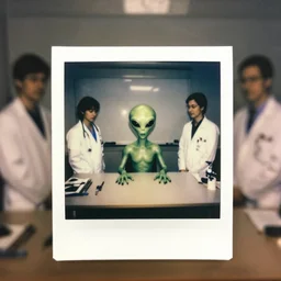 polaroid of an alien on a table surrounded by doctors