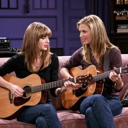 lisa kudrow and taylor swift playing acoustic guitars at central perk from friends, soft lighting, super detailed