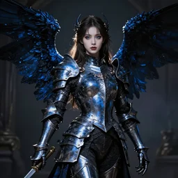 angel knight gothic girl in dark and blue dragon armor. by gaston bussiere