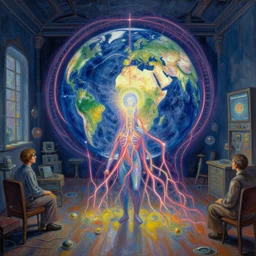 his nerve paths and magnetic envelope shape every time the slightest energy change occurred in the room was tremendous. the machine - minds watch us, and they are watched by the earthmind painting by william higginson, kopera, anton fedeev