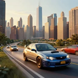 detailed intricate digital landscape illustration by greg rutkowski and artgerm and wlop and sanford robinson gifford ; 1 9 9 4 subaru wrx sti driving in a beautiful windy city with moving cars and tall skyscrapers in background ; 1 3 mm film, arri alfa anamorphic lens, long exposure ; sharp focus, golden hour lighting, trending on artstation 4 k