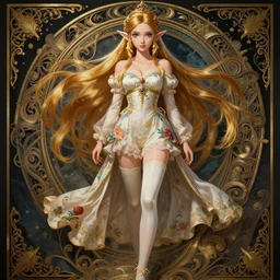 princess zelda with a beautiful face and eyes, long hair, wearing a flowery romper, long legs, fantasy, intricate, full body shot, sexy, highly detailed, digital painting, artstation, concept art, wallpaper, smooth, sharp focus, realistic photo by artgerm and greg rutkowski and alphonse mucha