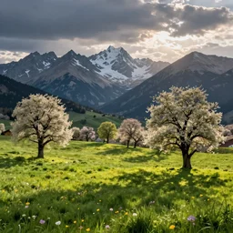 A Beautiful View of a Springtime Meadow in the Sierra Nevada Mountains in the Morning, art by Albert Bierstadt and Thomas Moran