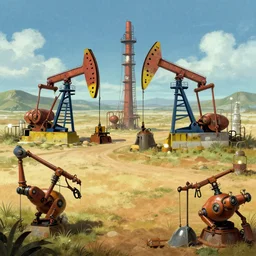 oil field landscape with robots working in style of ralph mcquarrie, concept art, highly detailed