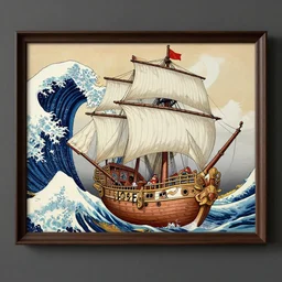 a hokusai painting masterpiece exposed in Paris : the vogue merry  ship of luffy from one piece sailing on the wave of hukusai This 4K HD image is Trending on Artstation, featured on Behance, well-rendered, extra crisp
