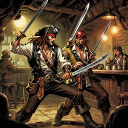 comic book cover of a shipwrecked sailor fighting a pirate with swords in a tavern. detailed. action. adventure.