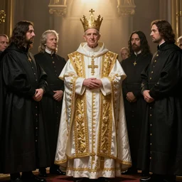 worship of the pope, royal robe, gold trim, people in black, light effect, hyper detailed, intricate, atmospheric, elegant, photorealistic by michael komarck, greg rutkowski, victo ngai, artgerm, willem claesz heda and j. dickenson