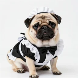 instagram photo of a cute pug in a black and white french maid uniform, the pug is wearing a french maid dress, canon eos r 3, f / 1. 4, iso 2 0 0, 1 / 1 6 0 s, 8 k, wide angle, pet photography