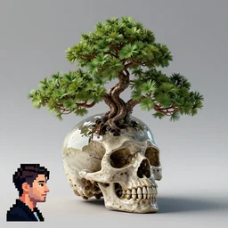 3 d render, photoreal, hyperreal, photorealistic, hyper - realistic, 3 d, octane render, 8 k, bonsai tree inside of the glass skull with profile picture by luis toledo and alex grey and beeple. neo - surrealism. digital art, pixel art, concept art, octane render, trending on cgsociety, trending on artstation