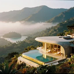 35mm film still, morning light over futuristic low-Fi villa in mountains high up, view over valley, fog in valley, the beach at a tropical island, vivid , color palette of gold, infinity pool in front of house