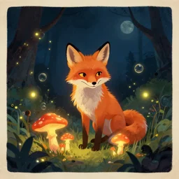 fox fire fungi, water bubbles, night view, glowing, fireflies, poster vintage, digital strokes, illustration, bioluminescence, vegetation, portrait, full shot, rim light, pixar, octane render,