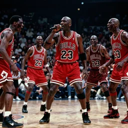 still from thriller music video with michael jordan singing in the middle and zombie dancers