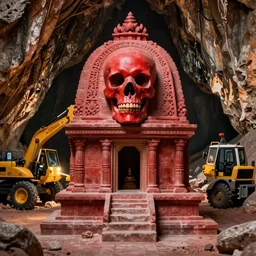 A shrine made of red sandstone with a massive red skull in the middle of the shrine held up by a large pedestal inside of a cave lit up my construction equipment.