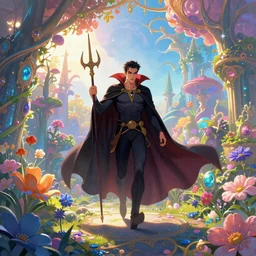 Vampire traveling through a beautiful psychedelic world, intricate, elegant, fantasy, highly detailed, digital painting, concept art, sharp focus, illustration, beautiful volumetric lighting, epic light, artstation, magic hour lighting, colorful, sunshine, springtime, art by Sylvain Sarrailh