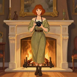 a woman standing in front of a fireplace holding a camera, a character portrait by lois van baarle, deviantart contest winner, art nouveau, deviantart, pre - raphaelite, 2 d game art