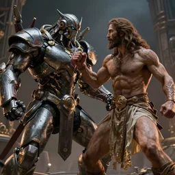 megatron fighting jesus, realistic, detailed,