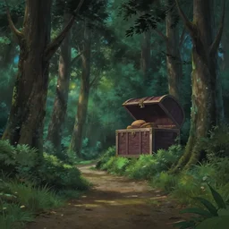 forest path, beautiful ancient trees, hiding large treasure chest, serene evening atmosphere, soft lens, soft light, cel - shading, animation, in the style of cgsociety, deviantart, artstation, zbrush, cinema 4 d, studio ghibli, akihiko yoshida, atelier lulua, masamune shirow