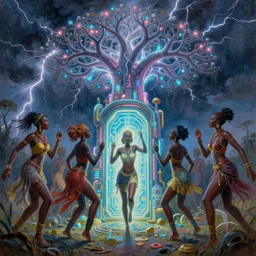 african women dancing around a glowing, energized, steampunk neon portal near the electric tree of life in a lightning storm, by ross draws, greg rutkowski, loish, rhads, artgerm and justin bua!!!. oil on canvas, detailed and intricate environment, radiant lighting. highly detailed. masterpiece
