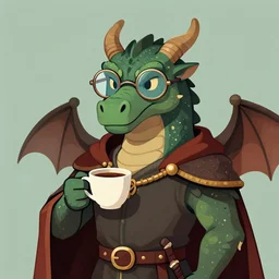 medieval style dragon wearing glasses, holding a cup of coffee, vector digital art