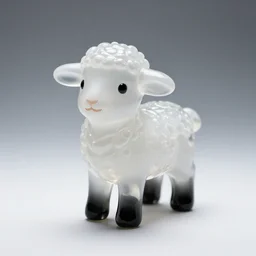 a cute and small transparent white blown glass statue toy in the shape of a little lamb with black translucent glass legs