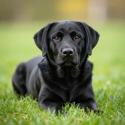 a cute! black labrador dog lying in grass, bokeh