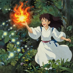 breathtaking detailed concept art painting of a smiling hapa female sorceress casting a fireball chasing will-o-wisps in the garden, by Hsiao-Ron Cheng, James Jean, Miho Hirano, Hayao Miyazaki