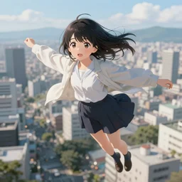 a japanese girl floating over a city, photorealistic award winning art, anime style, detailed