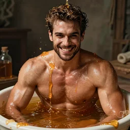 attractive muscular man with a creepy smile bathing in honey