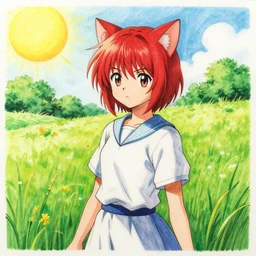 an absurdly-detailed colored-calligraphy-pen drawing, short-red-haired cat-girl in final fantasy style. Summer sun in verdant fields.