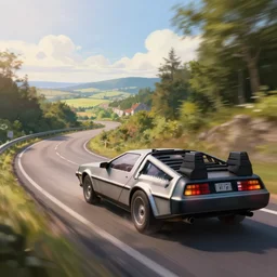 a delorean speeding down a winding road with a beautiful view, 8 k, highly detailed soft lighting, digital painting, cinematic, artstation