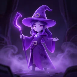 luminescent purple wizard, cartoon style, female, dark background, volumetric fog, 4K